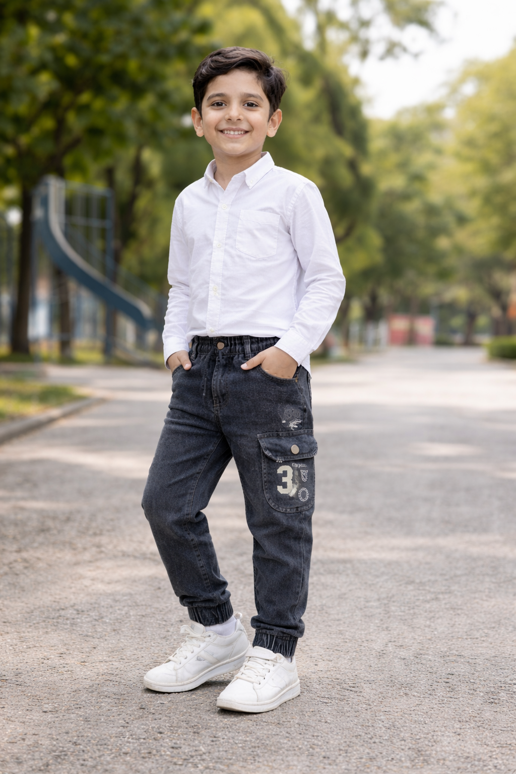 Boys Cargo Denim Jeans – Dark Grey Washed Stretchable Jogger Fit (Elastic Waist, Multi Pocket Design)